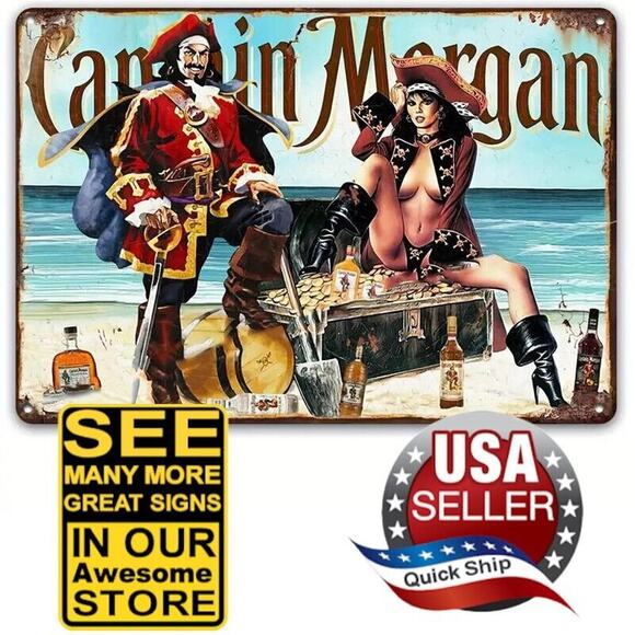 Retro Tin Sign Captain Morgan’s Rum • Pinup Girl • Big Boobs • Tiki Bar • Pirate - Picture 1 of 10